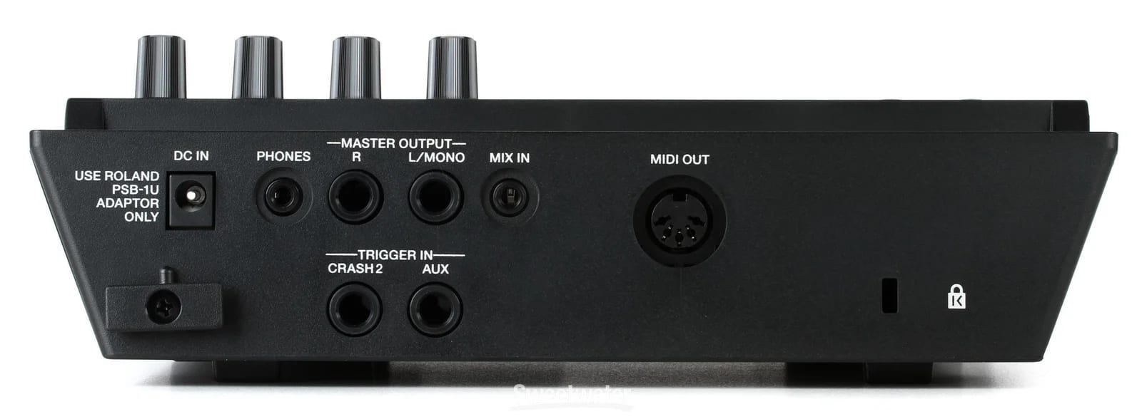 Rear panel of a Roland drum module showing DC in, phones, master output, trigger in and MIDI out connectors.
