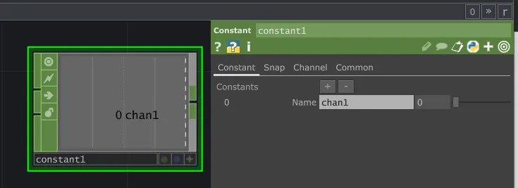 A Constant CHOP node beside its parameter panel, holding a single channel named chan1.