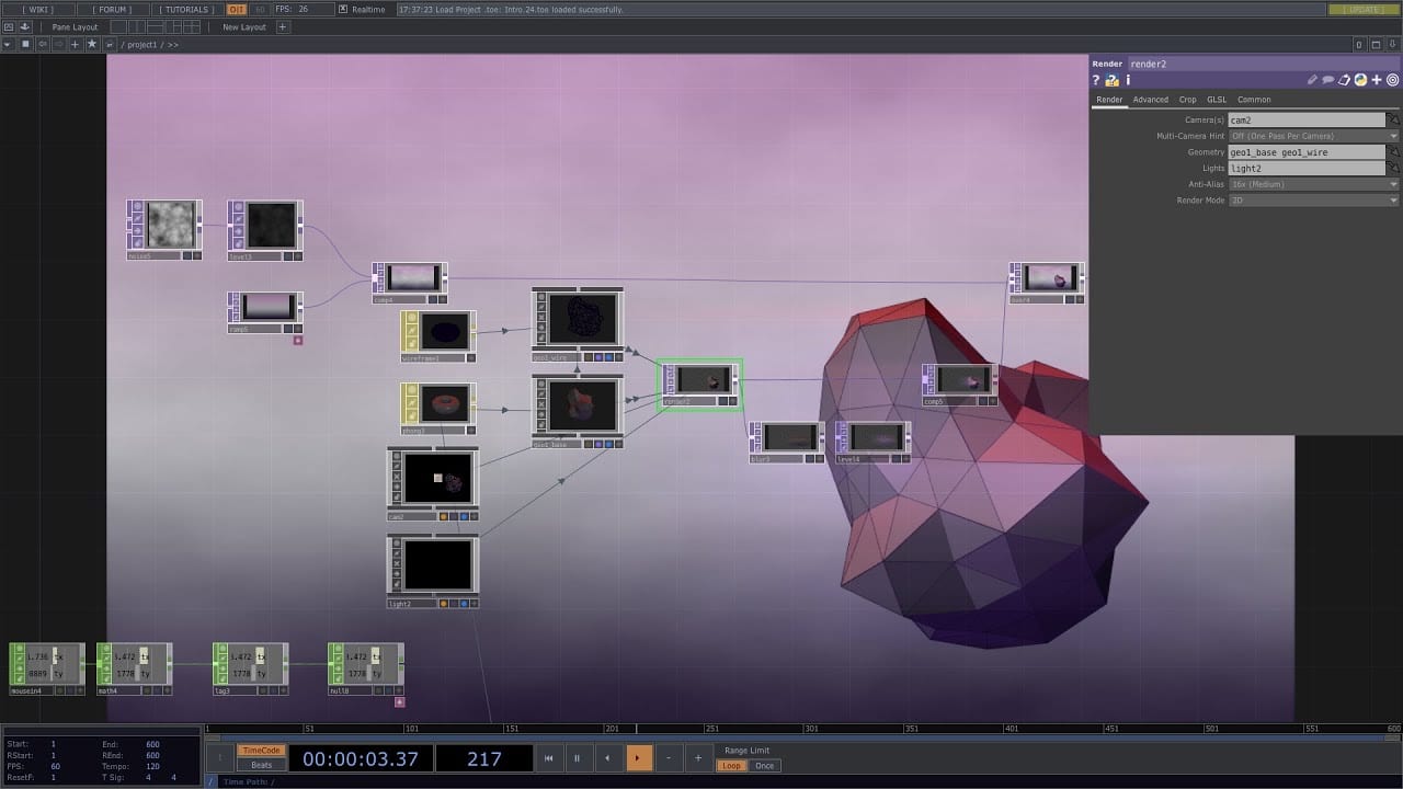 A TouchDesigner project window: a node network on the left and a faceted 3D render on the right.