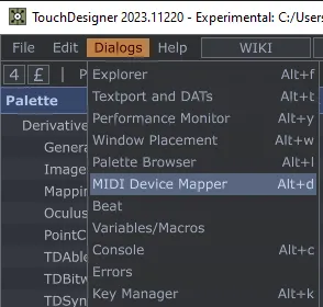 TouchDesigner's Dialogs menu with MIDI Device Mapper highlighted.