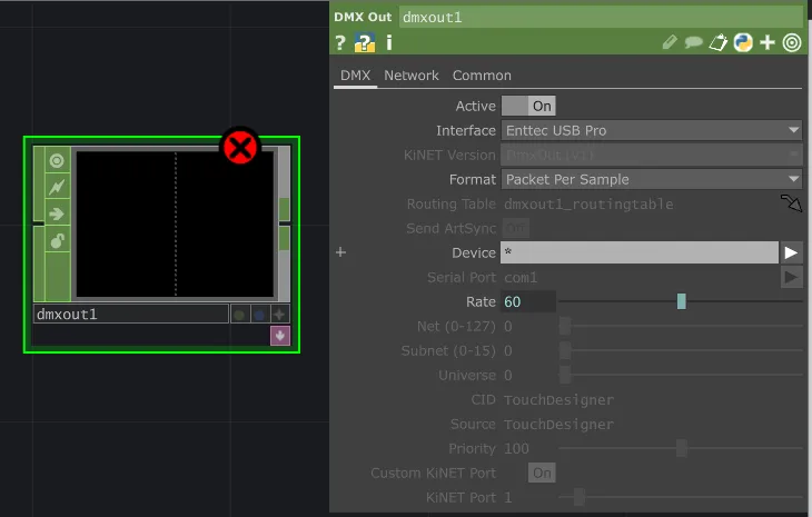 DMX Out CHOP parameters set to an Entec USB Pro interface at 60 Hz on universe 0.