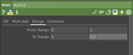 Math CHOP range parameters set to convert 0 to 1 into 0 to 127.
