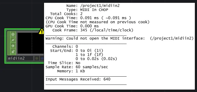 Node info panel for a MIDI In CHOP warning that the MIDI interface could not be opened.