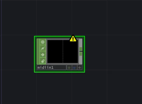 A MIDI In CHOP node in the network editor carrying a yellow warning badge.