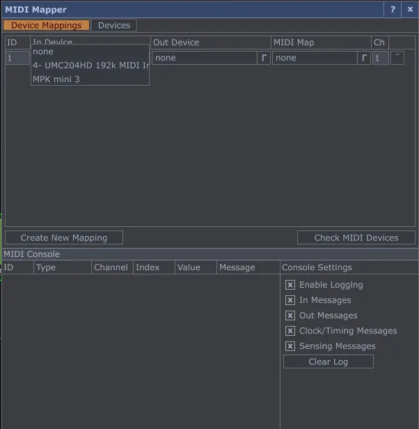 The MIDI Mapper in-device dropdown listing the connected MIDI inputs.