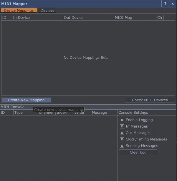 The MIDI Mapper window reading "No Device Mappings Set".