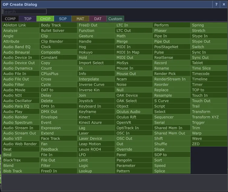 TouchDesigner's OP Create dialog open on the CHOP tab.