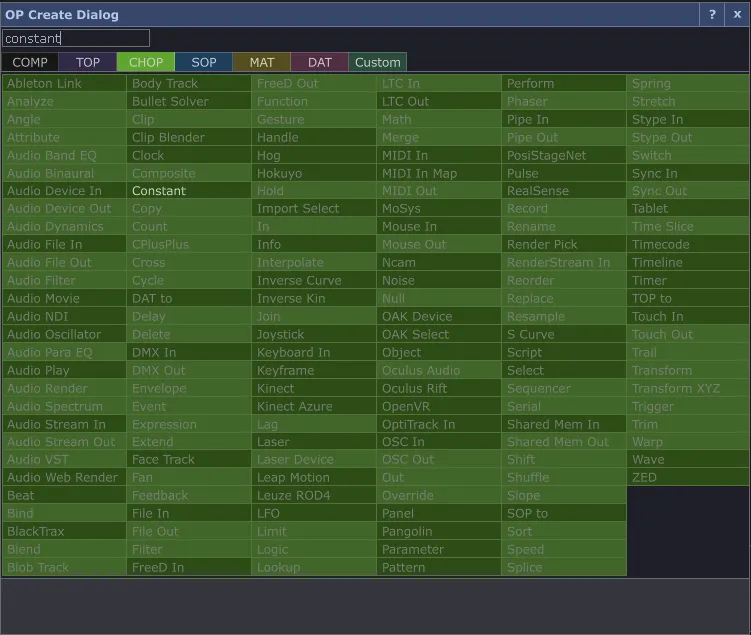 The OP Create dialog filtered to "constant", with the Constant CHOP highlighted.