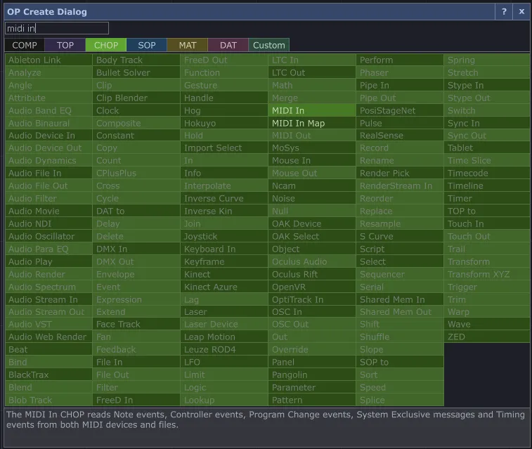 The OP Create dialog filtered to "midi in", with the MIDI In CHOP highlighted.
